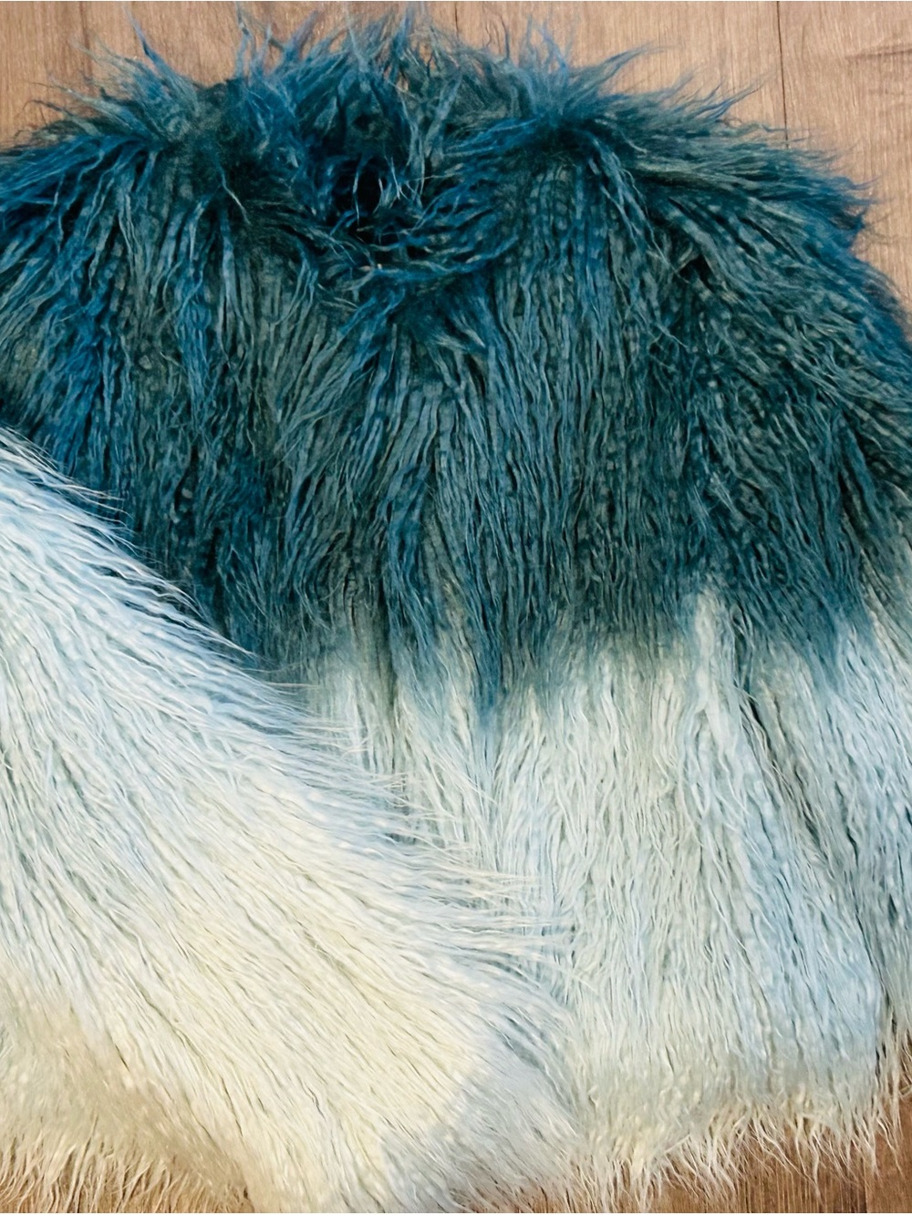 Ombre Mongolian Faux Fur Jacket in Teal to Light Blue.